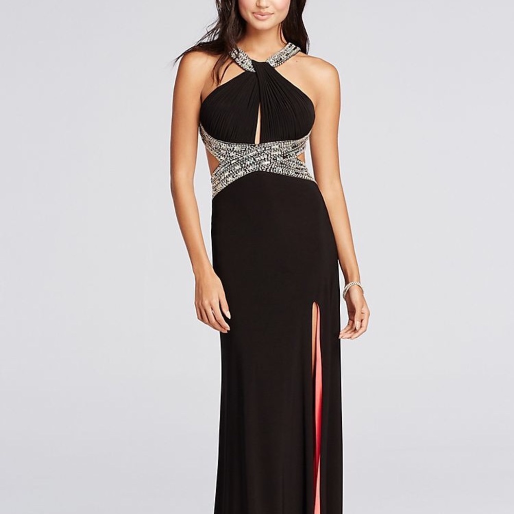 Betsy and Adam black open back prom dress